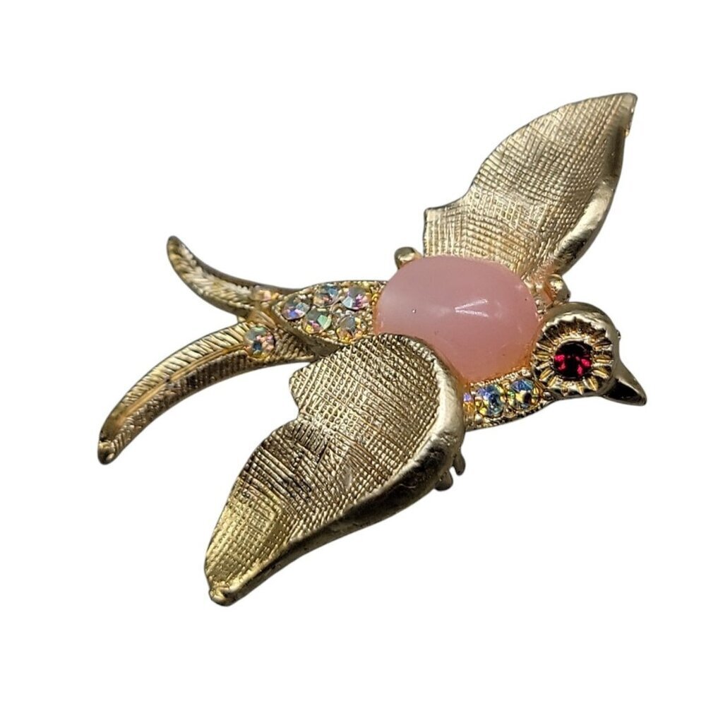 Swallow Brooch Vintage Gold Tone Pink Cabachon Aurora Borealis Red Rhinestones